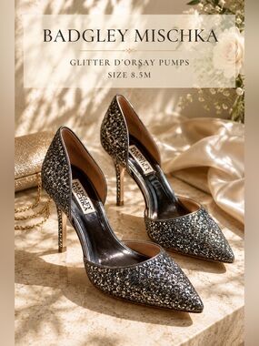 Badgley Mischka Glitter D’Orsay Pumps Gunmetal Silver Size 8.5M NWOB